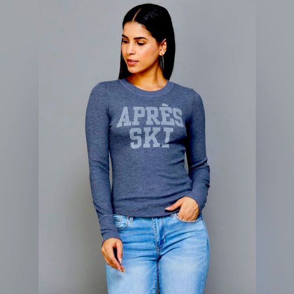 American Eagle Après Ski Graphic Long Sleeve Tee Blue Casual Winter Top Small - Picture 1 of 6